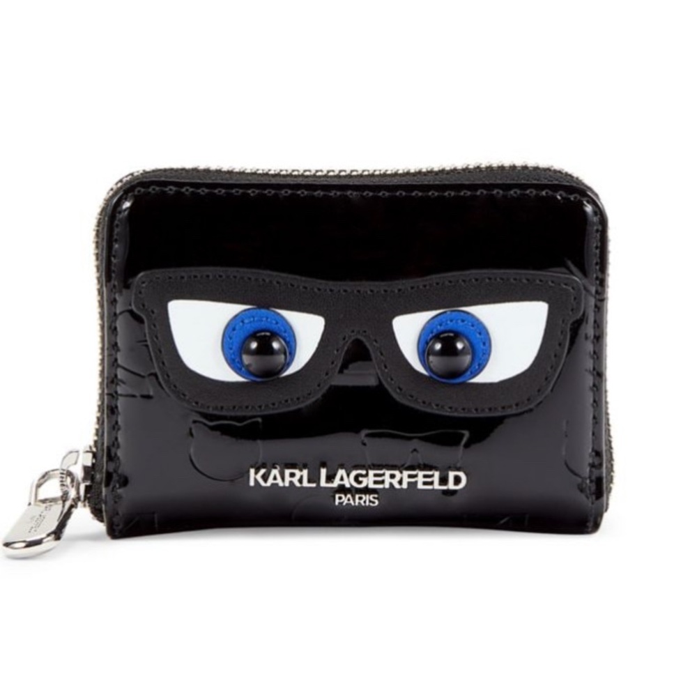 NEW Karl Lagerfeld Black Faux Patent Leather Compact Wallet - Picture 1 of 4